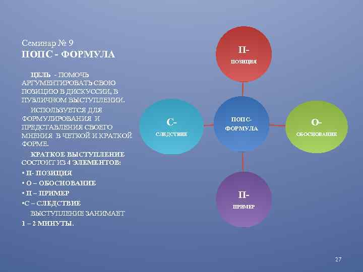 Семинар № 9 П- ПОПС - ФОРМУЛА ЦЕЛЬ - ПОМОЧЬ АРГУМЕНТИРОВАТЬ СВОЮ ПОЗИЦИЮ В
