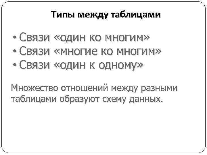 Типы между таблицами • Связи «один ко многим» • Связи «многие ко многим» •