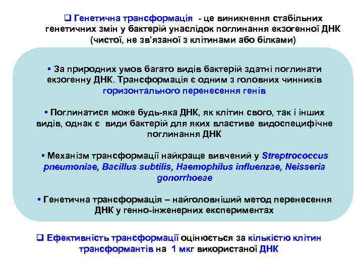 q Генетична трансформація - це виникнення стабільних генетичних змін у бактерій унаслідок поглинання екзогенної