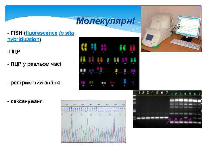 Молекулярні - FISH (fluorescence in situ hybridization) -ПЦР - ПЦР у реальом часі -