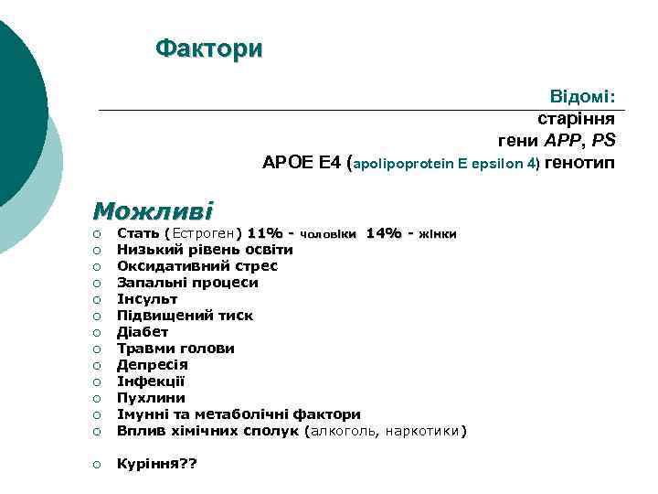 Фактори Відомі: старіння гени АРР, РS APOE E 4 (apolipoprotein E epsilon 4) генотип