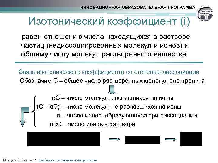 ИННОВАЦИОННАЯ ОБРАЗОВАТЕЛЬНАЯ ПРОГРАММА Изотонический коэффициент (i) равен отношению числа находящихся в растворе частиц (недиссоциированных