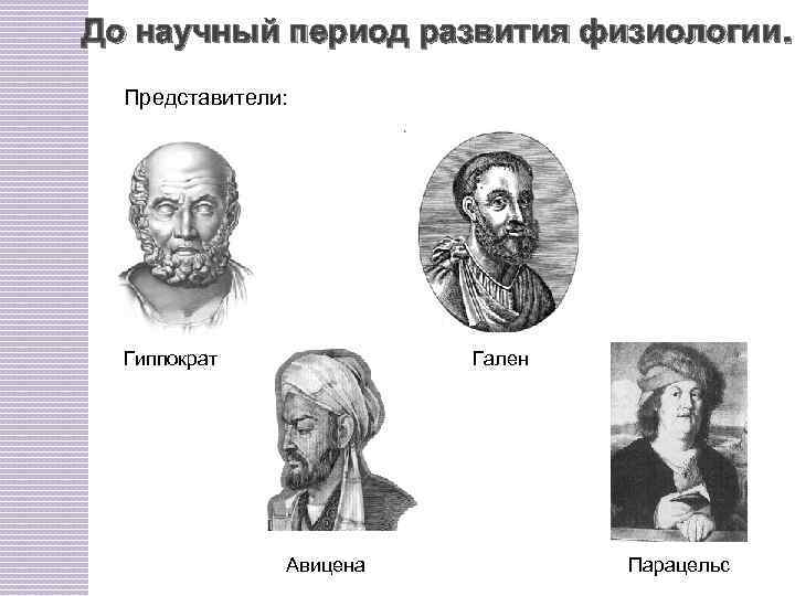 До научный период развития физиологии. Представители: Гиппократ Гален Авицена Парацельс 