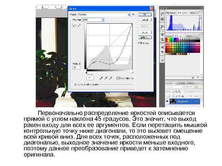 Первоначально распределение яркостей описывается прямой с углом наклона 45 градусов. Это значит, что выход