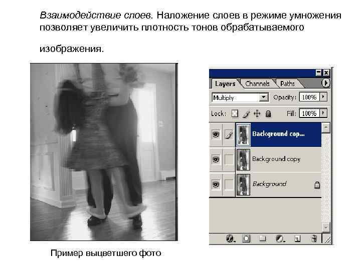 Взаимодействие слоев. Наложение слоев в режиме умножения позволяет увеличить плотность тонов обрабатываемого изображения. Пример