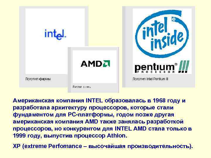 Американская компания INTEL образовалась в 1968 году и разработала архитектуру процессоров, которые стали фундаментом