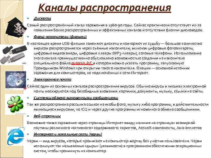 Каналы распространения Дискеты Самый распространённый канал заражения в 1980 -90 годы. Сейчас практически отсутствует