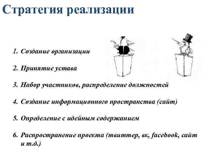 Стратегия реализации 1. Создание организации 2. Принятие устава 3. Набор участников, распределение должностей 4.