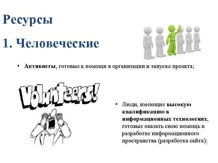 Ресурсы 1. Человеческие • Активисты, готовые к помощи в организации и запуске проекта; •