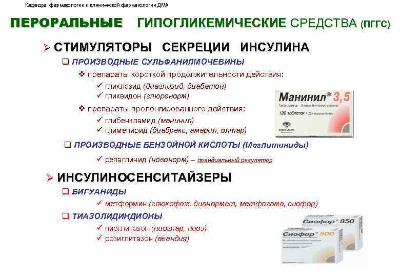 Кафедра фармакологии и клинической фармакологии ДМА ПЕРОРАЛЬНЫЕ ГИПОГЛИКЕМИЧЕСКИЕ СРЕДСТВА (ПГГС) Ø СТИМУЛЯТОРЫ СЕКРЕЦИИ ИНСУЛИНА
