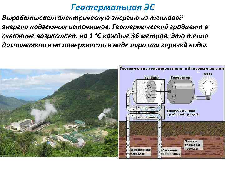 Геотермальная ЭС Вырабатывает электрическую энергию из тепловой энергии подземных источников. Геотермический градиент в скважине