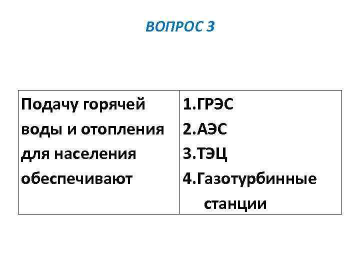 ВОПРОС 3 Подачу горячей воды и отопления для населения обеспечивают 1. ГРЭС 2. АЭС