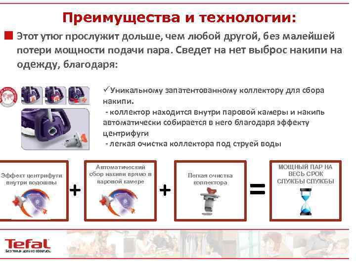 Преимущества и технологии: ¢ Этот утюг прослужит дольше, чем любой другой, без малейшей потери