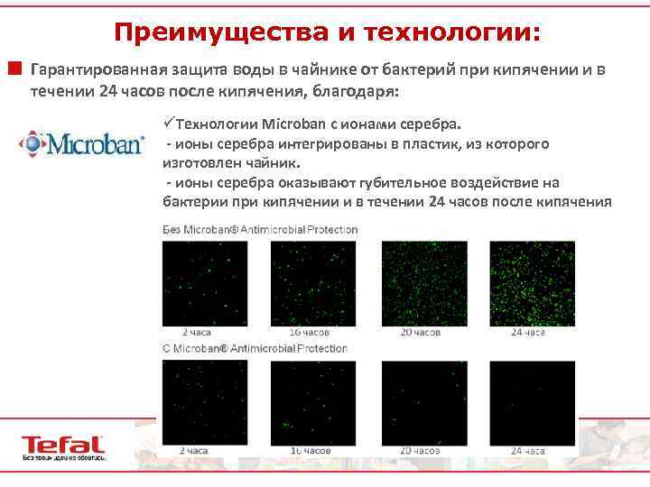 Преимущества и технологии: ¢ Гарантированная защита воды в чайнике от бактерий при кипячении и