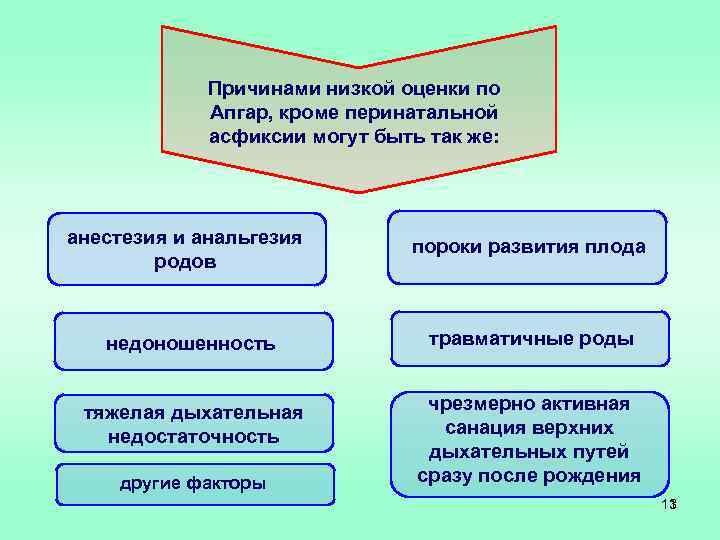 Причинами низкой оценки по Апгар, кроме перинатальной асфиксии могут быть так же: анестезия и