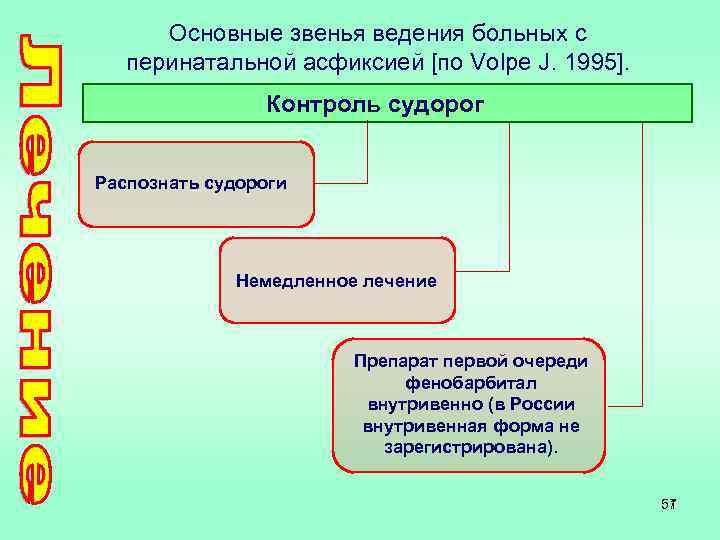 Основные звенья ведения больных с перинатальной асфиксией [по Volpe J. 1995]. Контроль судорог Распознать
