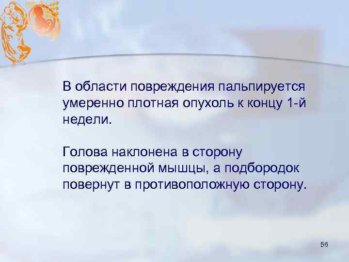 В области повреждения пальпируется умеренно плотная опухоль к концу 1 -й недели. Голова наклонена