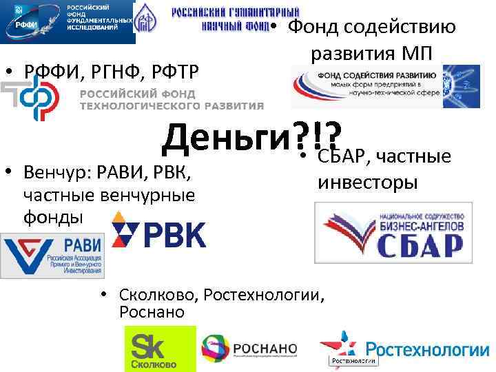  • РФФИ, РГНФ, РФТР • Фонд содействию развития МП Деньги? !? частные •