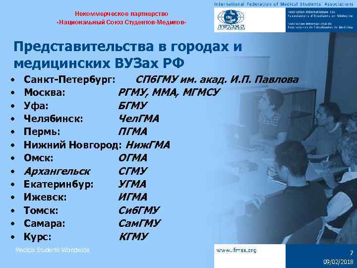 Некоммерческое партнерство «Национальный Союз Студентов-Медиков» Представительства в городах и медицинских ВУЗах РФ • •