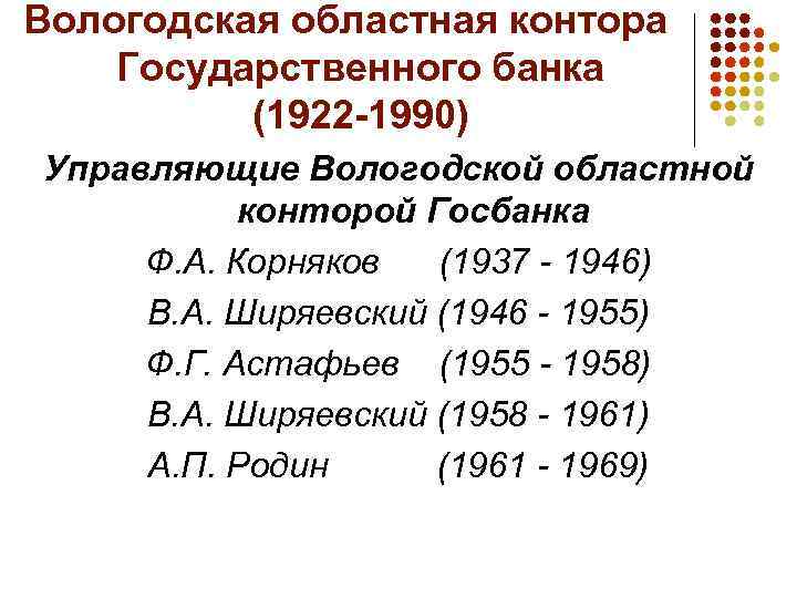 Вологодская областная контора Государственного банка (1922 -1990) Управляющие Вологодской областной конторой Госбанка Ф. А.