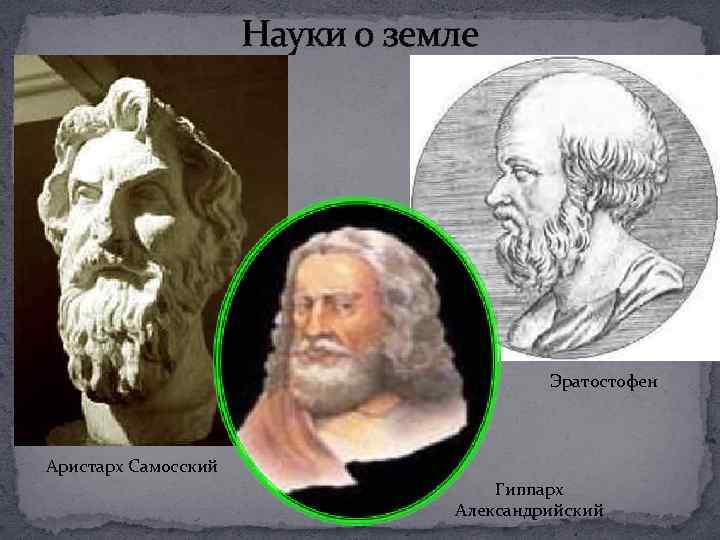 Науки о земле Эратостофен Аристарх Самосский Гиппарх Александрийский 