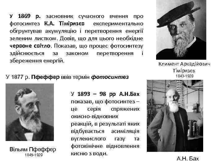 У 1869 р. засновник сучасного вчення про фотосинтез К. А. Тімірязєв експериментально обгрунтував акумуляцію
