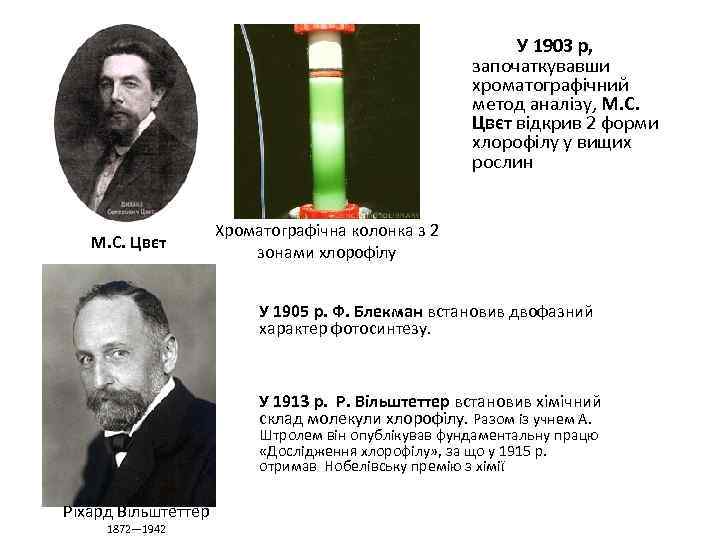  М. С. Цвєт У 1903 р, започаткувавши хроматографічний метод аналізу, М. С. Цвєт