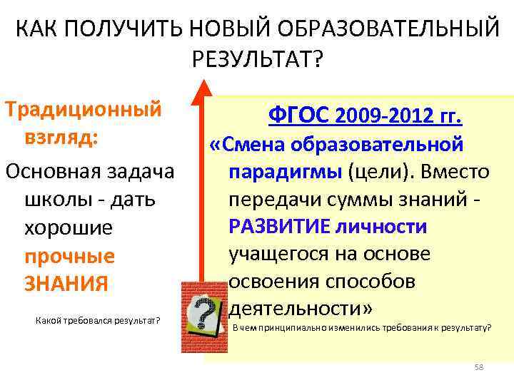 КАК ПОЛУЧИТЬ НОВЫЙ ОБРАЗОВАТЕЛЬНЫЙ РЕЗУЛЬТАТ? Традиционный взгляд: Основная задача школы - дать хорошие прочные