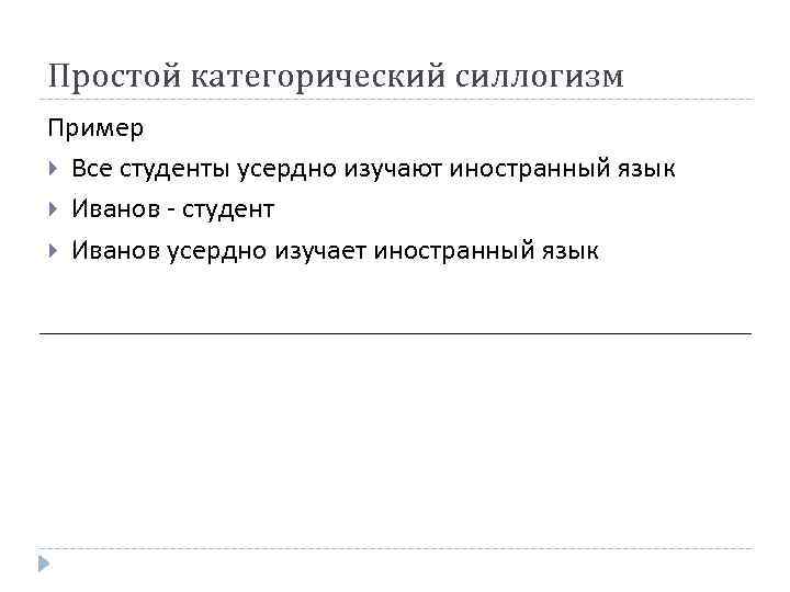 Простой категорический силлогизм Пример Все студенты усердно изучают иностранный язык Иванов - студент Иванов