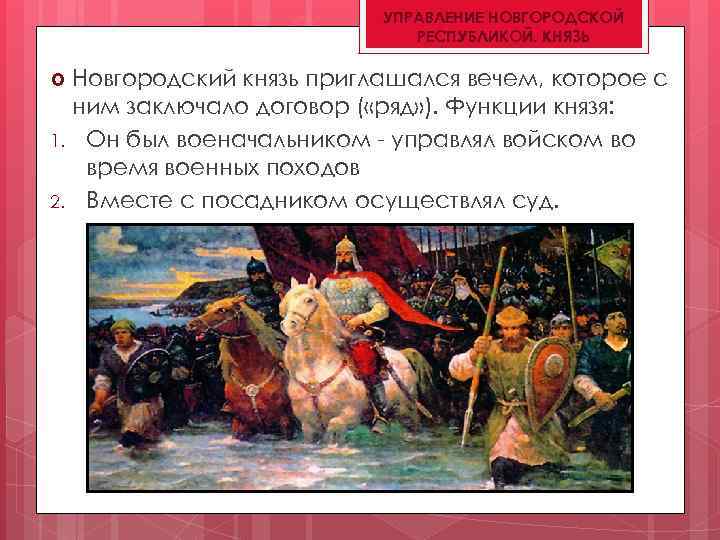 УПРАВЛЕНИЕ НОВГОРОДСКОЙ РЕСПУБЛИКОЙ. КНЯЗЬ Новгородский князь приглашался вечем, которое с ним заключало договор (