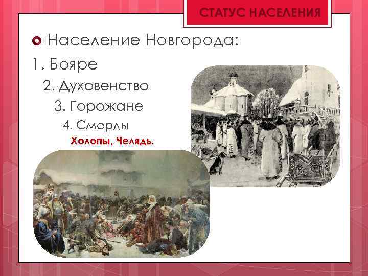 СТАТУС НАСЕЛЕНИЯ Население Новгорода: 1. Бояре 2. Духовенство 3. Горожане 4. Смерды Холопы, Челядь.