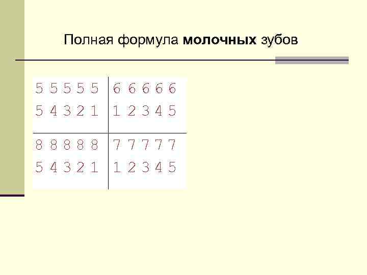 Полная формула молочных зубов 5 555 5 6 6666 5 432 1 1 2345