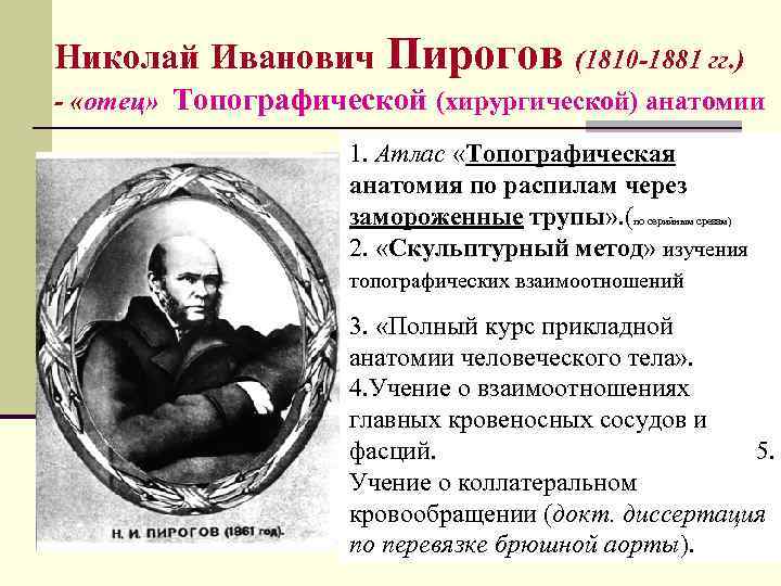 Николай Иванович Пирогов (1810 -1881 гг. ) - «отец» Топографической (хирургической) анатомии 1. Атлас