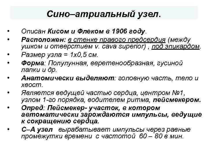 Сино–атриальный узел. • • Описан Кисом и Флеком в 1906 году. Расположен: в стенке