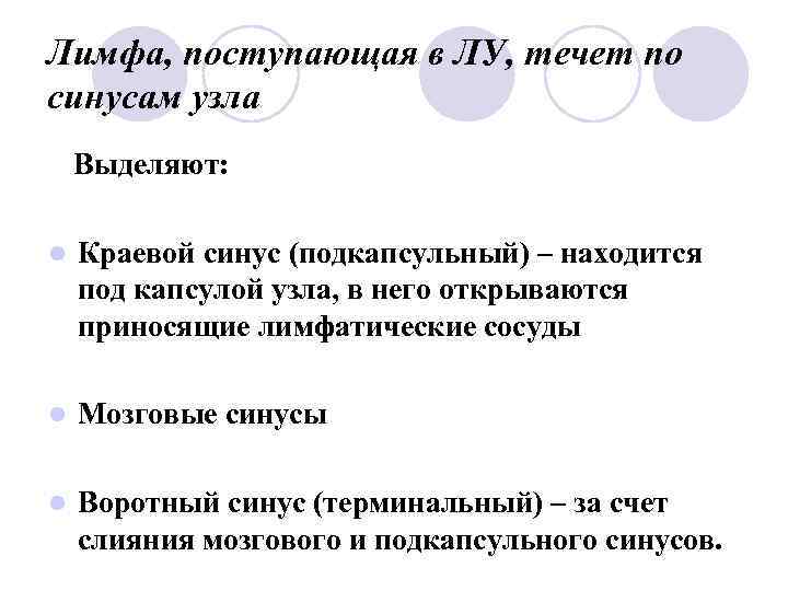 Лимфа, поступающая в ЛУ, течет по синусам узла Выделяют: l Краевой синус (подкапсульный) –