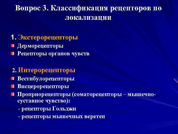 Вопрос 3. Классификация рецепторов по локализации 1. Экстерорецепторы Дерморецепторы Рецепторы органов чувств 2. Интерорецепторы