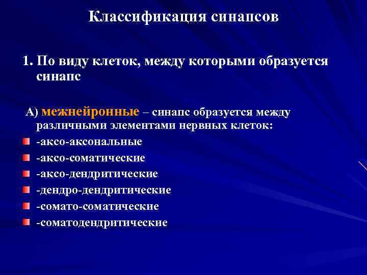 Классификация синапсов 1. По виду клеток, между которыми образуется синапс А) межнейронные – синапс