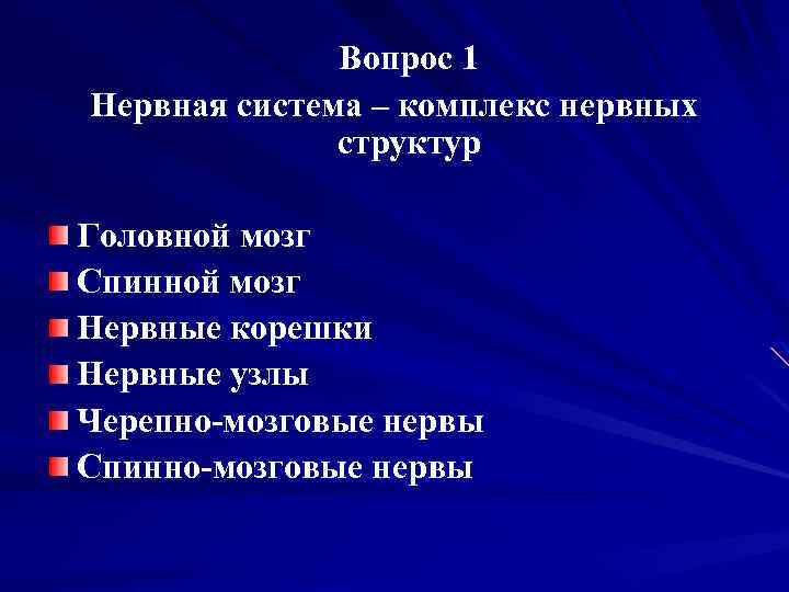 Вопрос 1 Нервная система – комплекс нервных структур Головной мозг Спинной мозг Нервные корешки