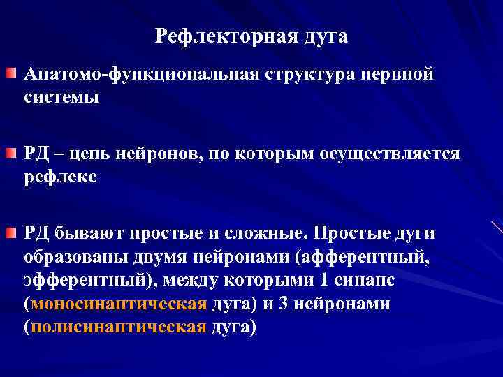 Рефлекторная дуга Анатомо-функциональная структура нервной системы РД – цепь нейронов, по которым осуществляется рефлекс