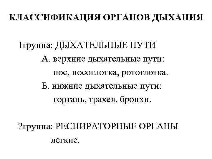 КЛАССИФИКАЦИЯ ОРГАНОВ ДЫХАНИЯ 1 группа: ДЫХАТЕЛЬНЫЕ ПУТИ А. верхние дыхательные пути: нос, носоглотка, ротоглотка.