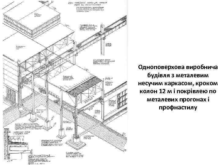 Одноповерхова виробнича будівля з металевим несучим каркасом, кроком колон 12 м і покрівлею по