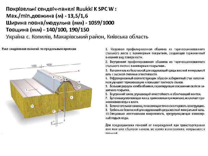 Покрівельні сендвіч-панелі Ruukki K SPC W : Max. /min. довжина (м) - 13, 5/1,