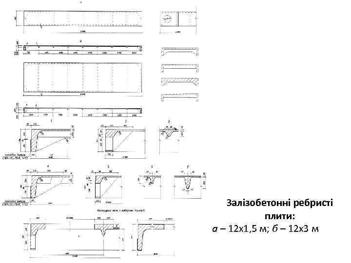 Залізобетонні ребристі плити: а – 12 х1, 5 м; б – 12 х3 м