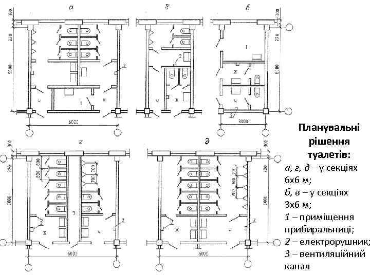 Планувальні рішення туалетів: а, г, д – у секціях 6 х6 м; б, в