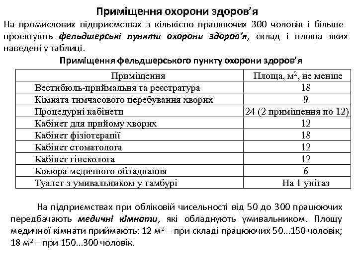 Приміщення охорони здоров’я На промислових підприємствах з кількістю працюючих 300 чоловік і більше проектують