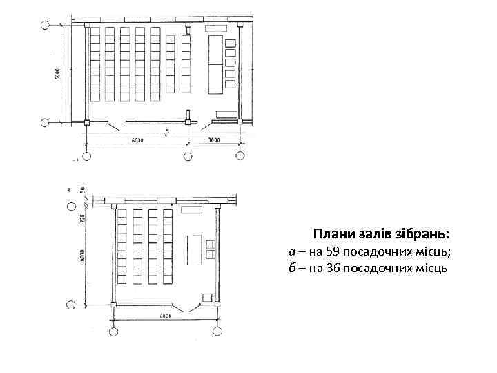 Плани залів зібрань: а – на 59 посадочних місць; б – на 36 посадочних