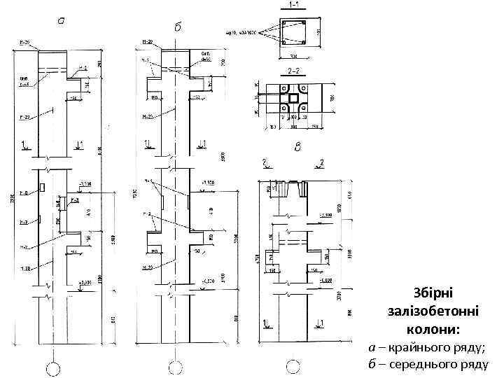 Збірні залізобетонні колони: а – крайнього ряду; б – середнього ряду 