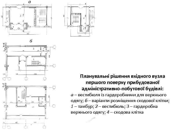 а б Планувальні рішення вхідного вузла першого поверху прибудованої адміністративно-побутової будівлі: а – вестибюля