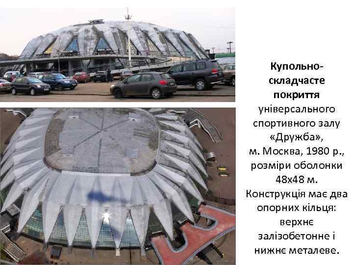 Купольноскладчасте покриття універсального спортивного залу «Дружба» , м. Москва, 1980 р. , розміри оболонки
