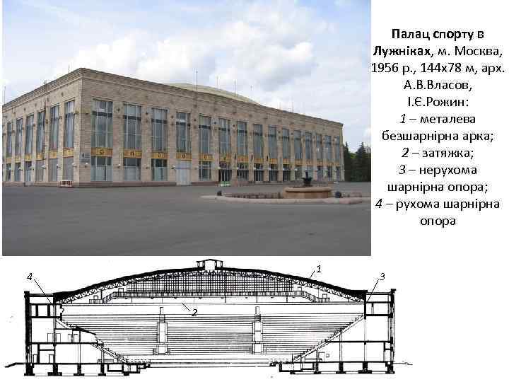 Палац спорту в Лужніках, м. Москва, 1956 р. , 144 х78 м, арх. А.